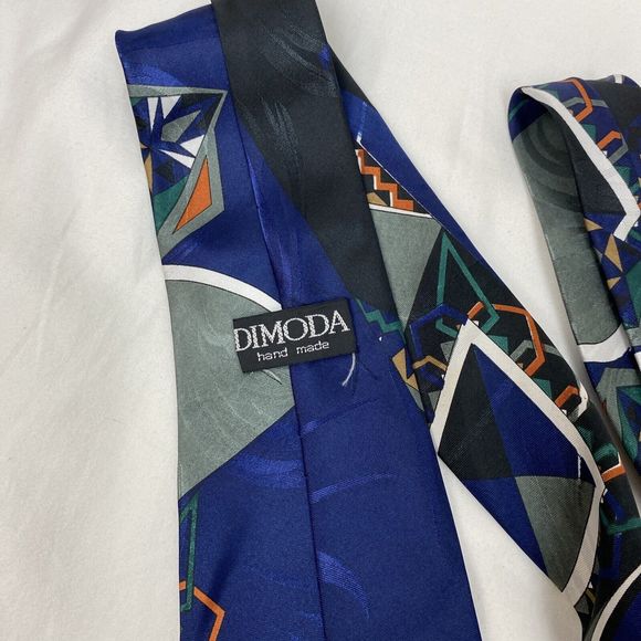 Dimoda Men's Necktie Navy Blue Abstract Pattern Green Orange Black Silk Tie 55” - Picture 5 of 7